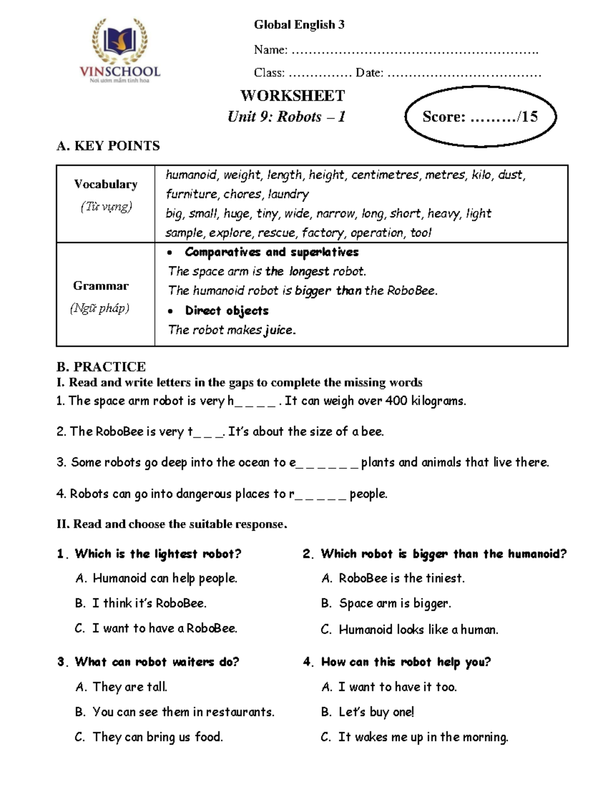 Global English 3: Unit 9 Worksheet on Robots (732746834 S3 W33) - Studocu