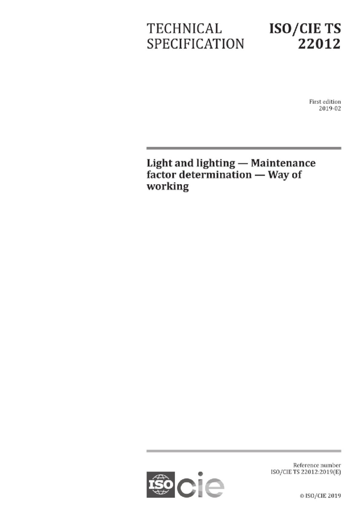ISO CIE 22012:2019 - Maintenance Factor Determination for Lighting - Document Preview