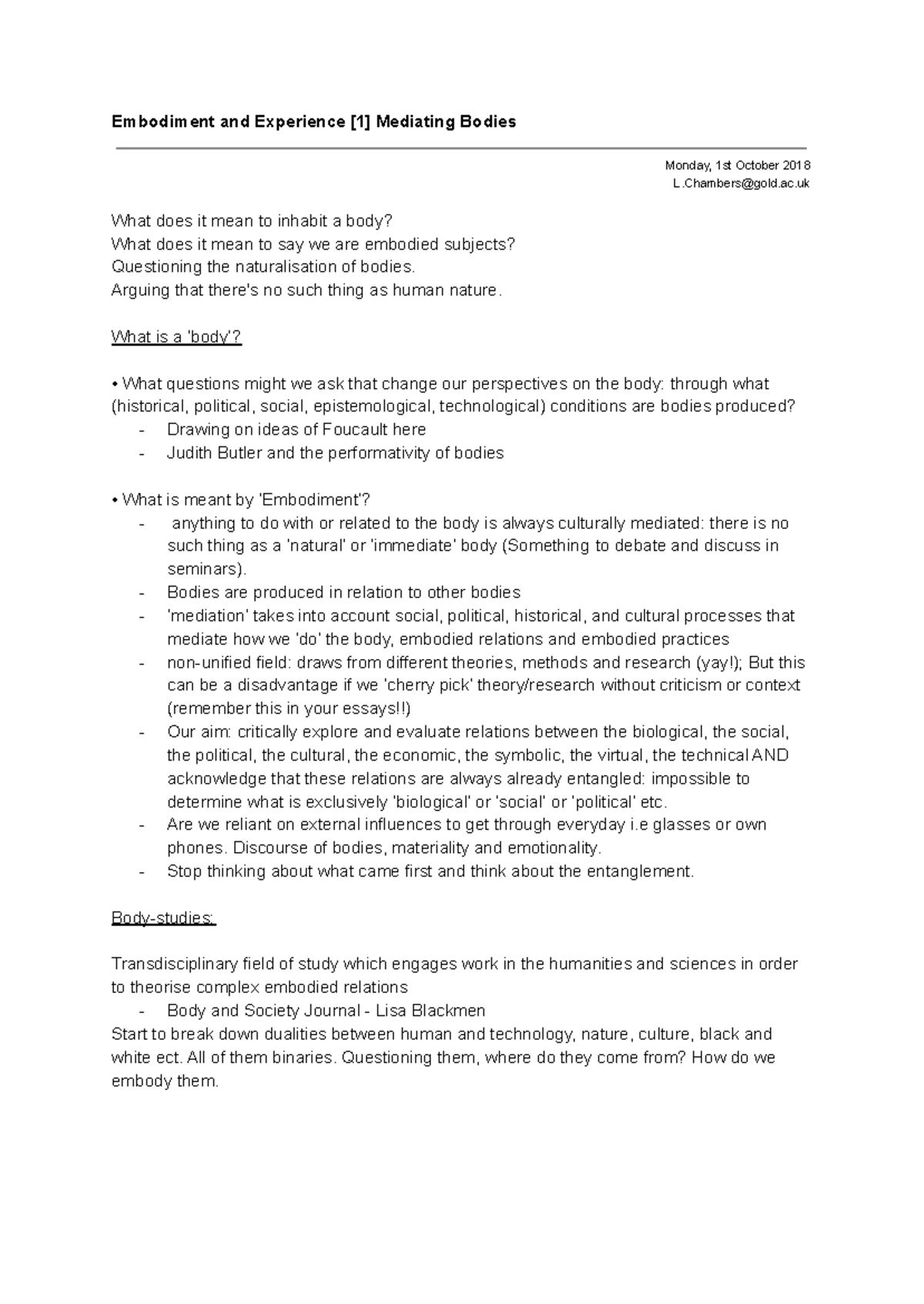 Embodiment and Experience Lecture and seminar notes - Embodiment and ...