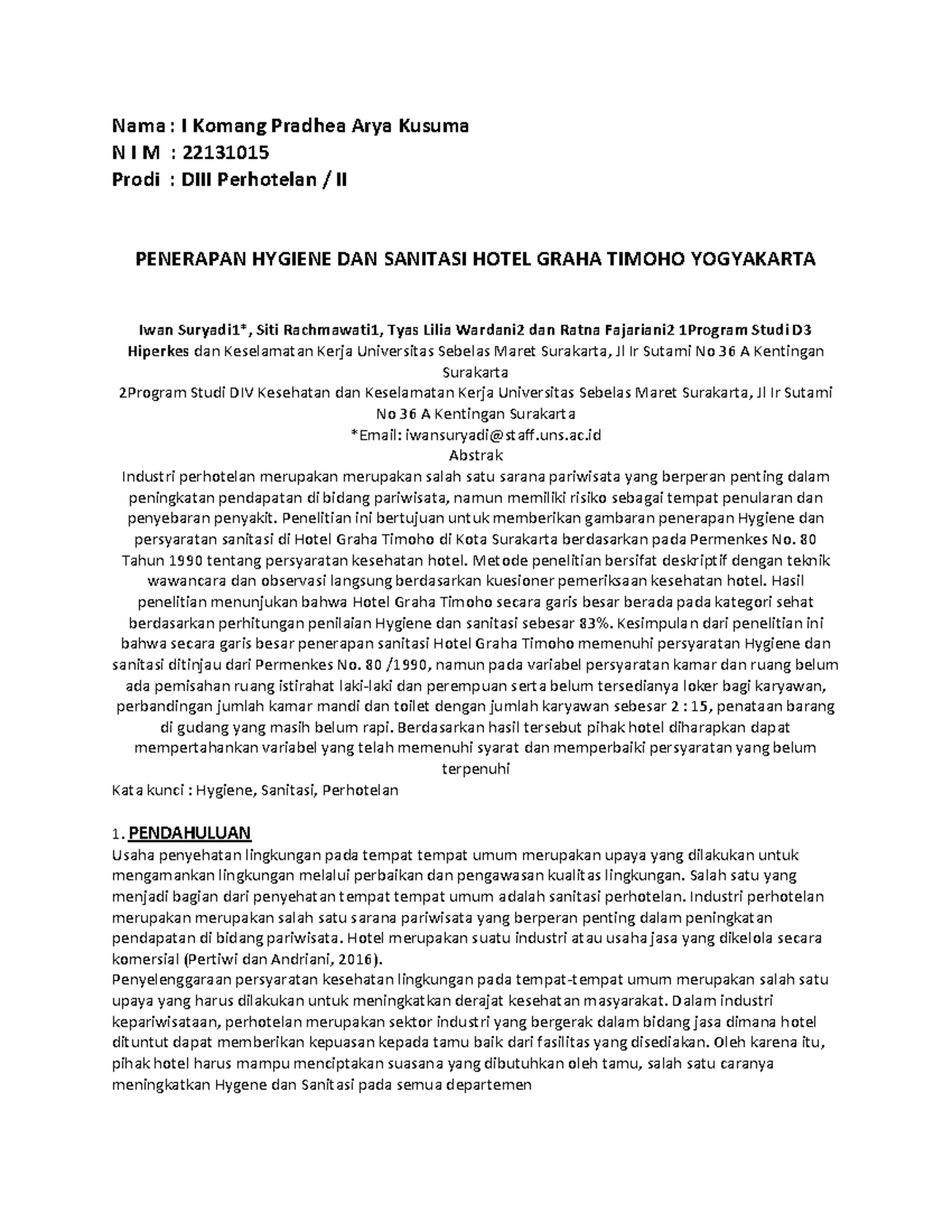 Penerapan Hygiene dan Sanitasi di Hotel Graha Timoho Yogyakarta - Studocu