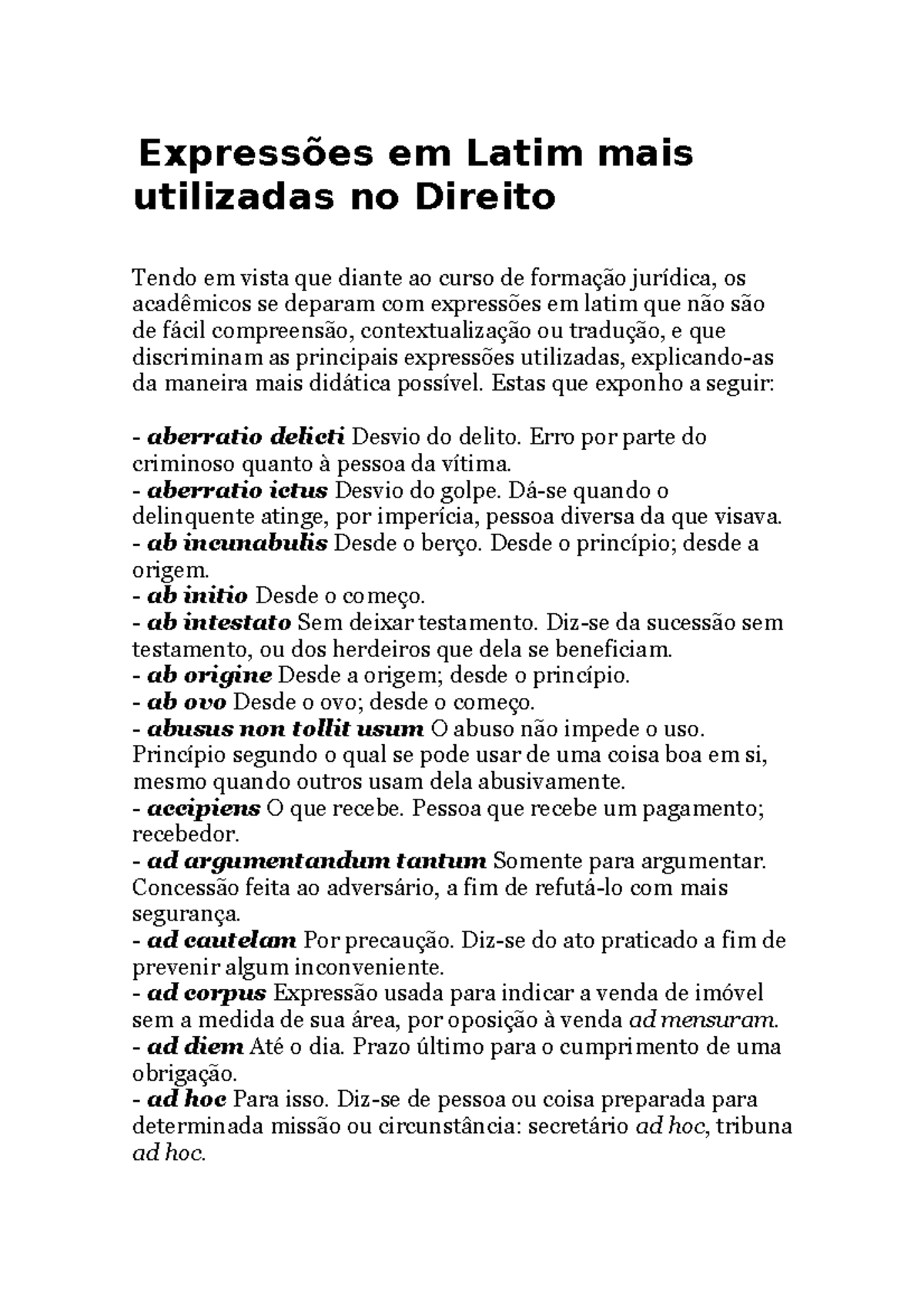 Expressões em Latim mais utilizadas no Direito - Expressões em Latim mais  utilizadas no Direito - Studocu