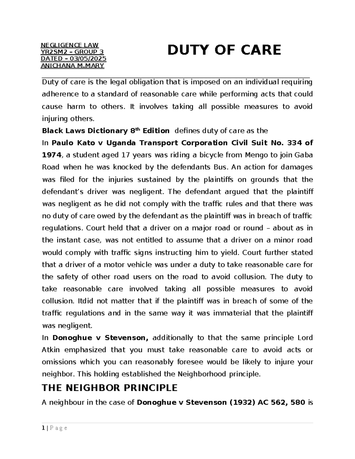 NEGLIGENCE LAW YR2SM2 GROUP 3: DUTY OF CARE RESEARCH NOTES - Studocu