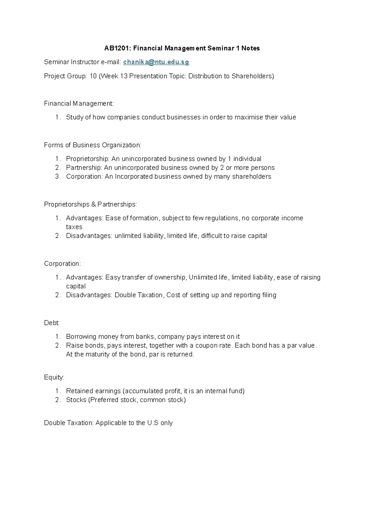 AB1201: Financial Management Seminar 1 Week 13 Notes on Shareholder ...