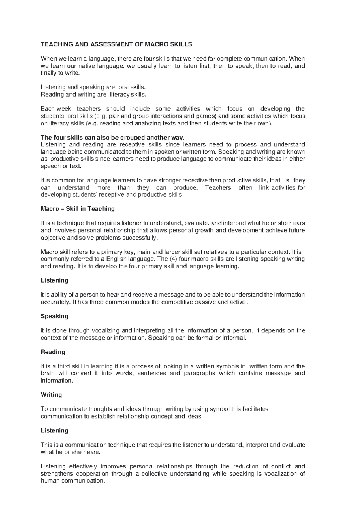 ELT 207 Lesson 2 Understanding and Teaching Macro Skills - Studocu