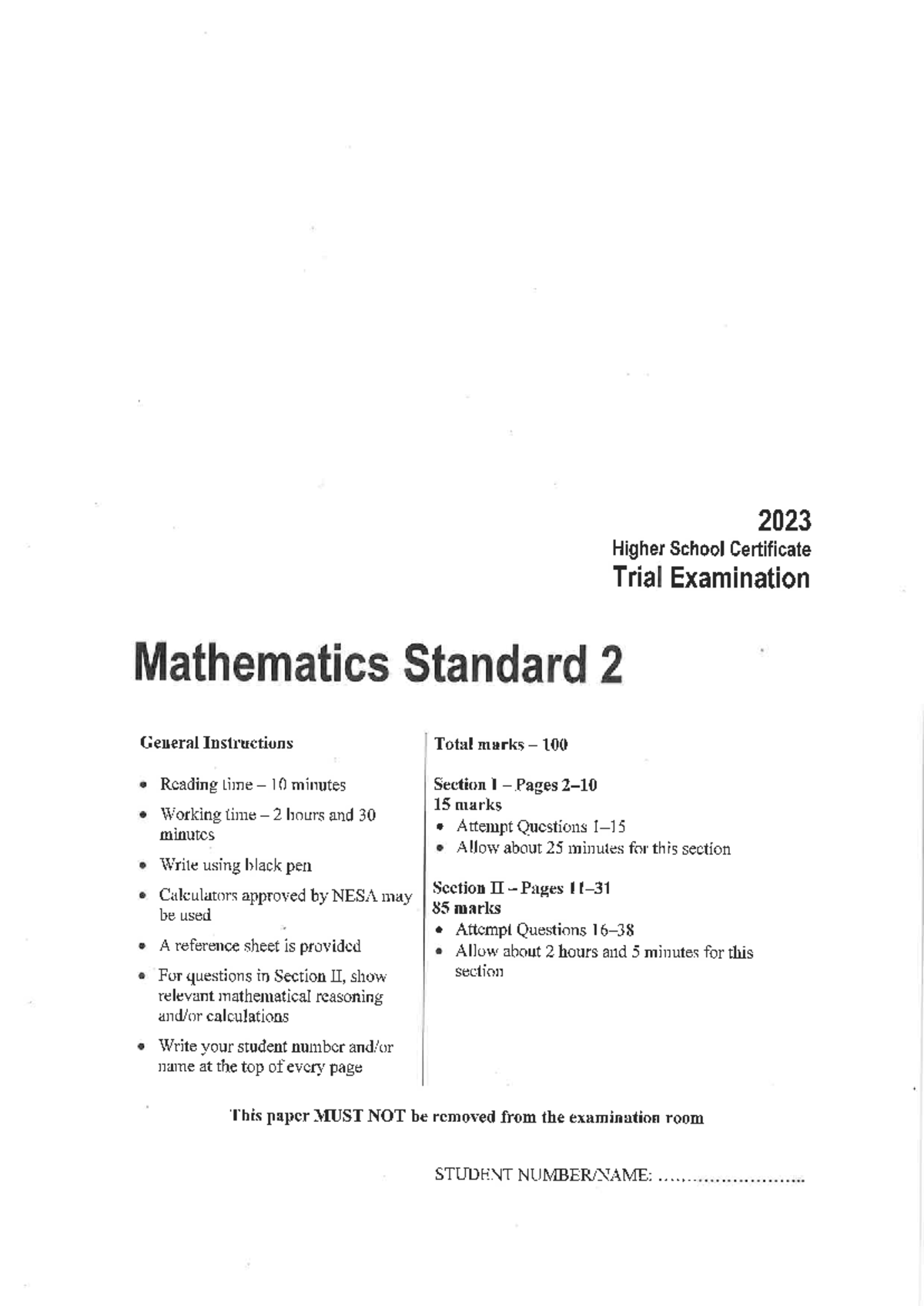 2023 HSC Trial Exam Mathematics Std 2 - Solutions & Marking Guide - Studocu
