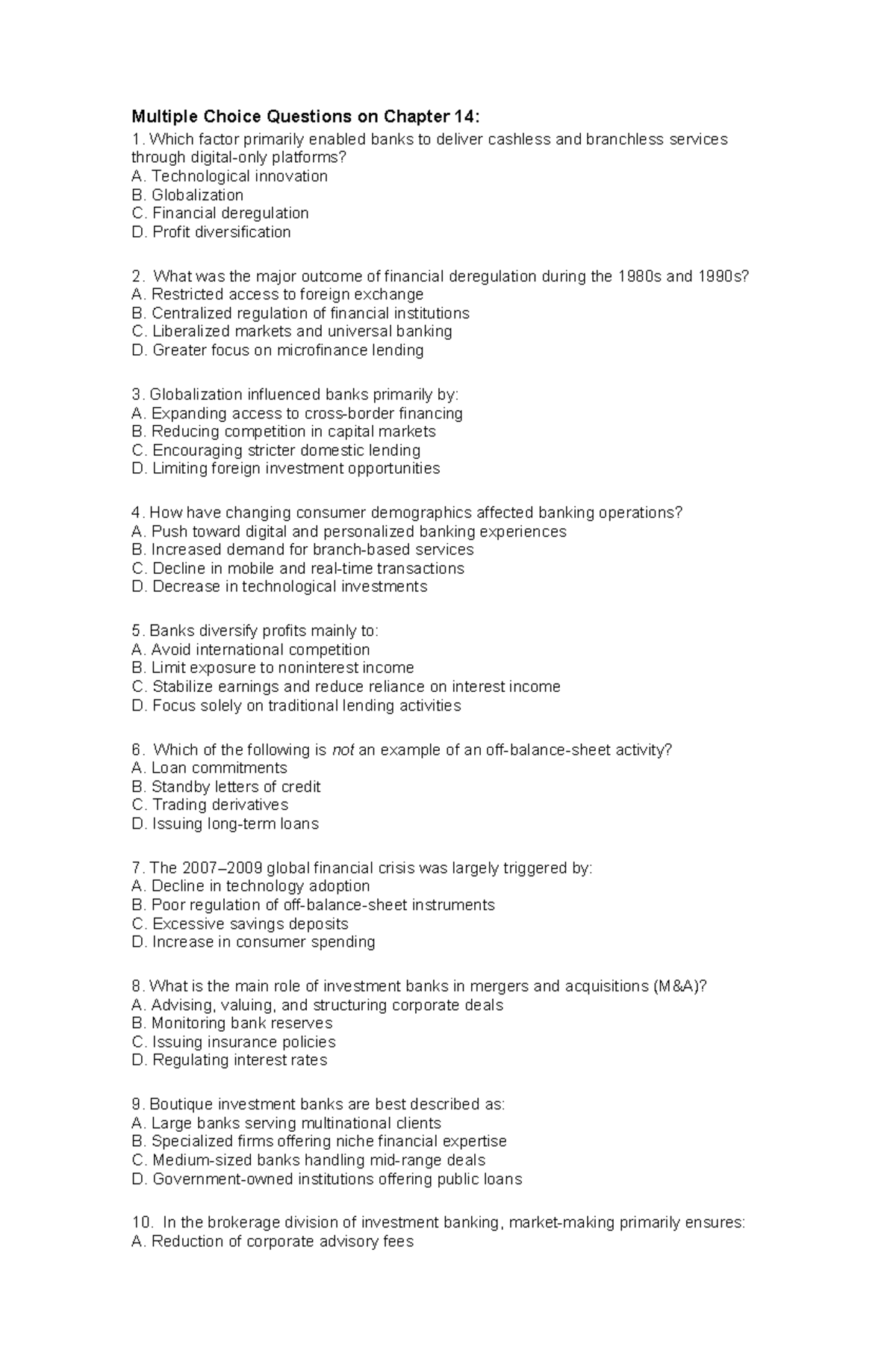 Multiple Choice Quiz on Chapter 14: Banking Innovations and Trends ...