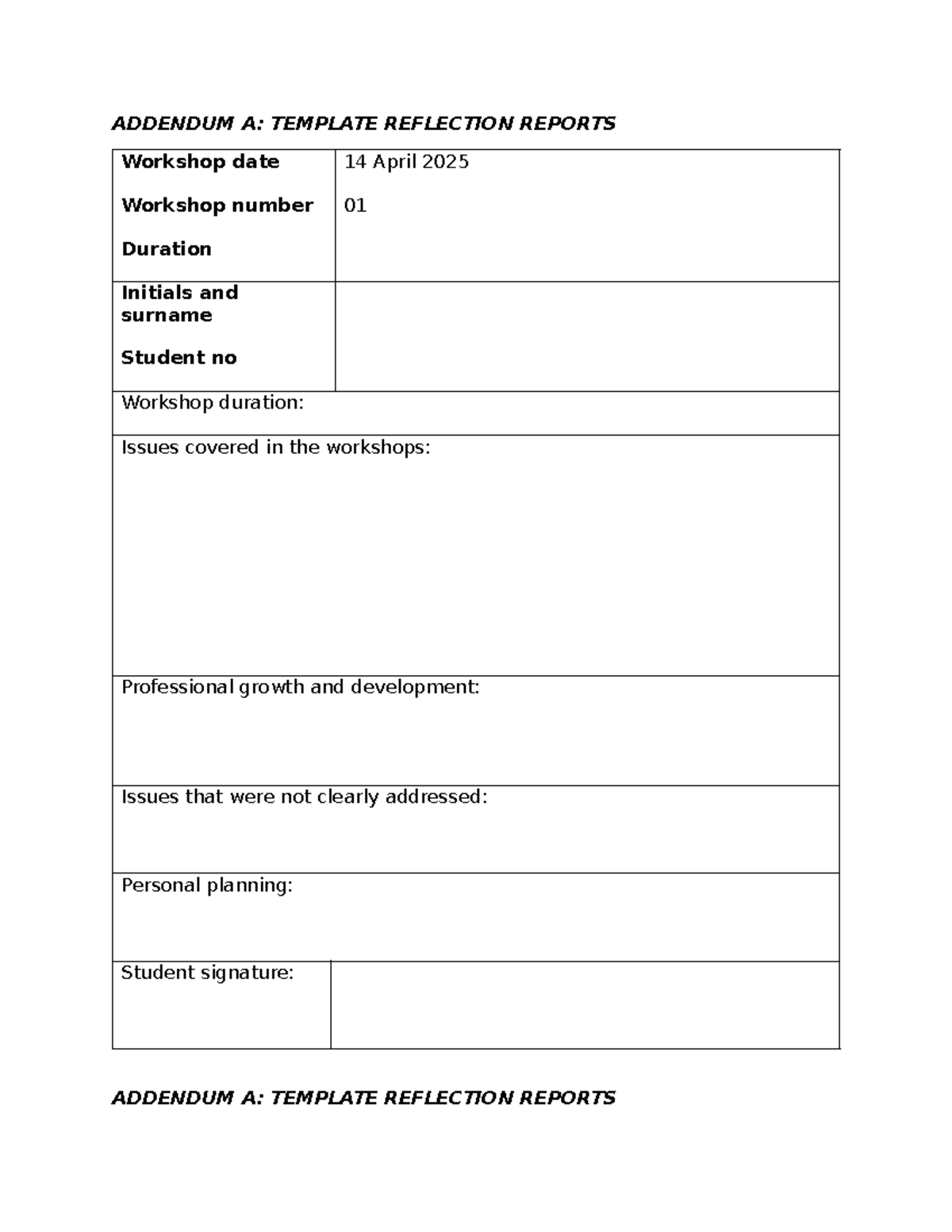 Dr Dipela Class Reflections: Workshop Reflection Report Template - Studocu