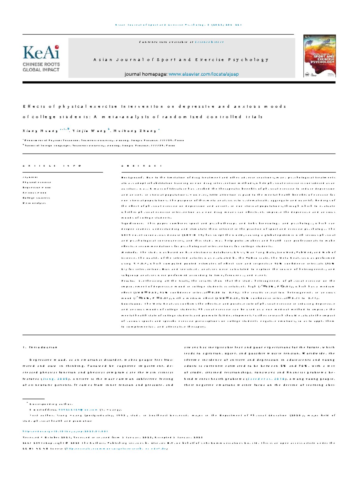 Effects of Physical Exercise on Depression and Anxiety in College ...