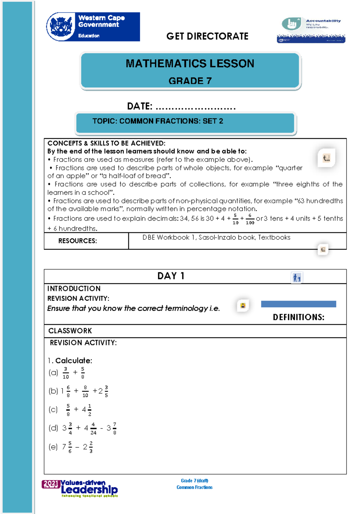 Lesson Plan Gr. 7 Mathematics Term 1 Week 6: Common Fractions - Studocu