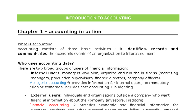 ACCT 101: Introduction to Accounting - Chapter 1 Overview - Studocu