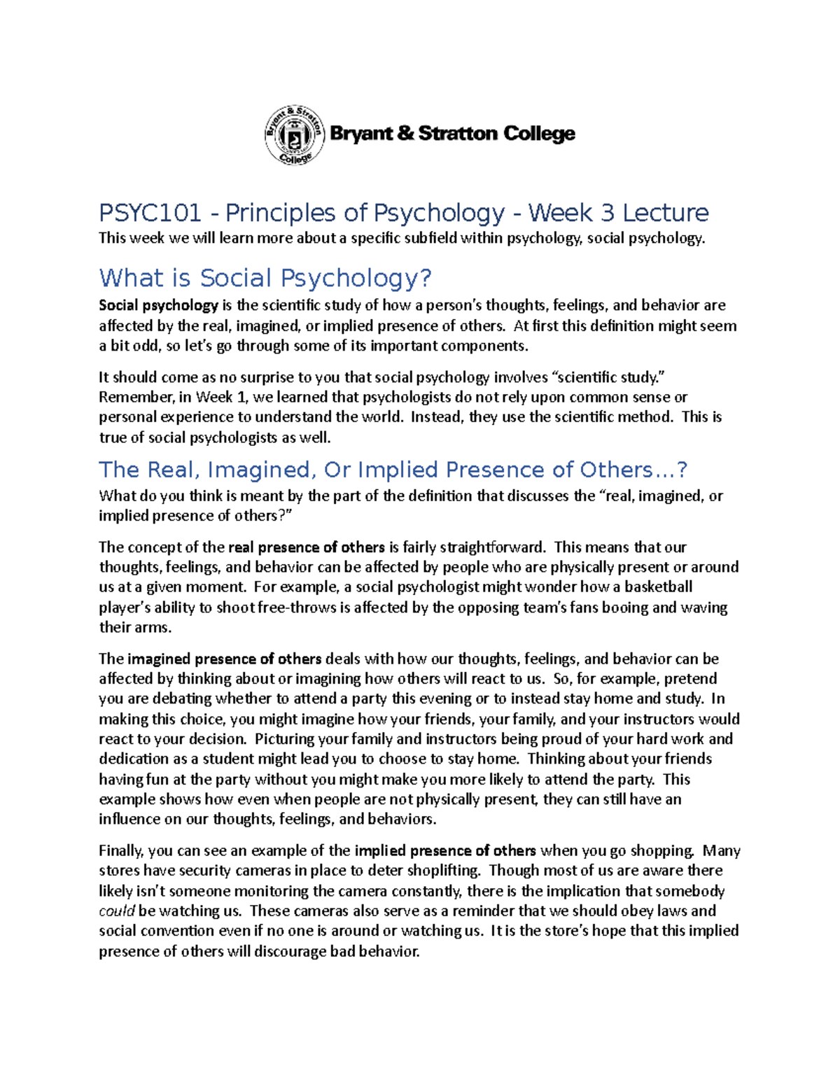 PSYC101 - Week 3 Lecture: Exploring Social Psychology Concepts - Studocu
