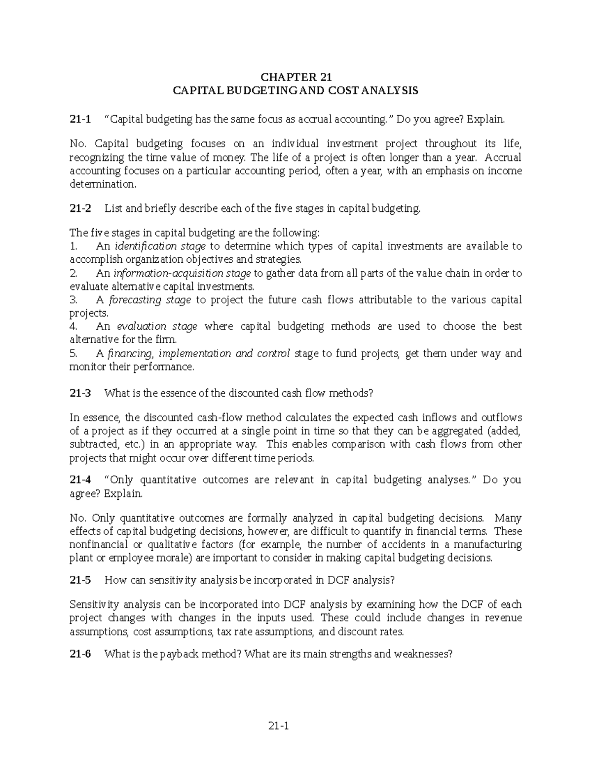 SM Horngren CH21: Capital Budgeting & Cost Analysis Insights - Studocu