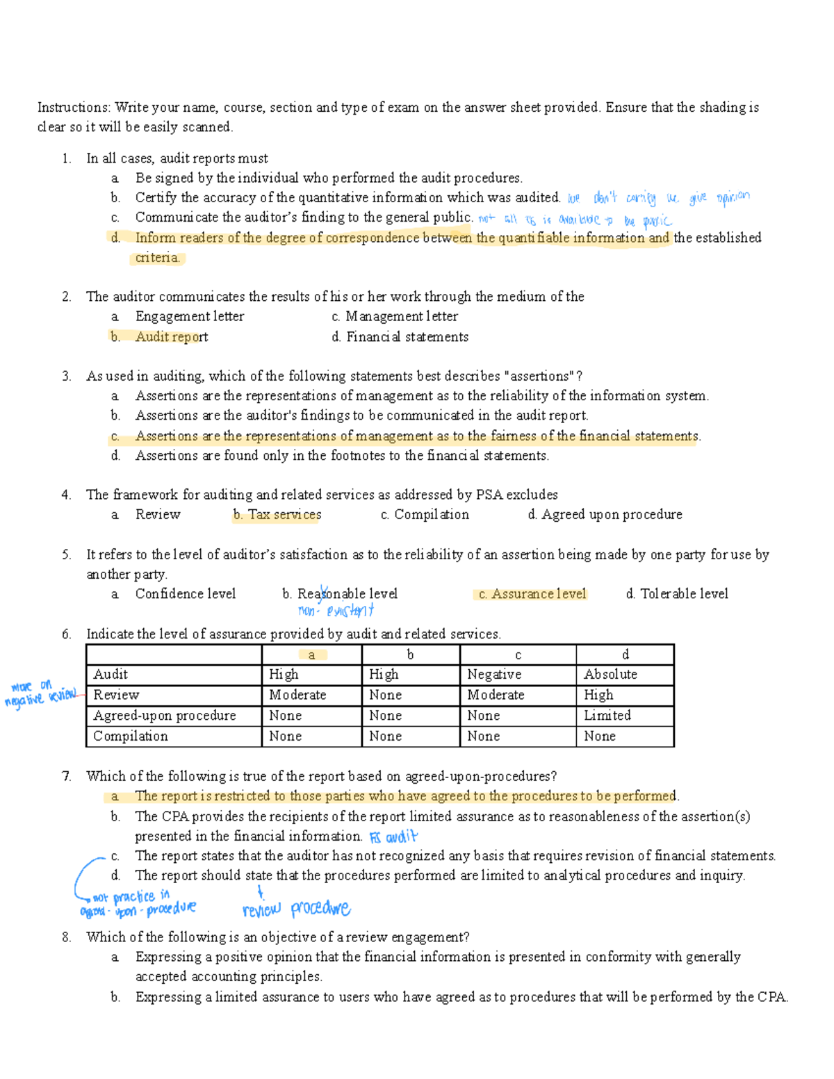 Auditing Theory Diagnostic: Exam Instructions and Key Concepts - Studocu