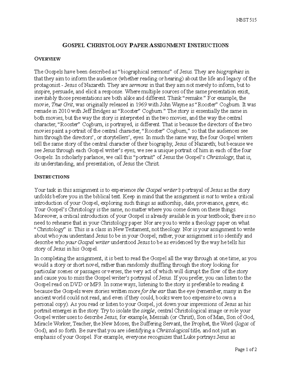 NBST 515: Gospel Christology Paper Assignment Guide - Studocu