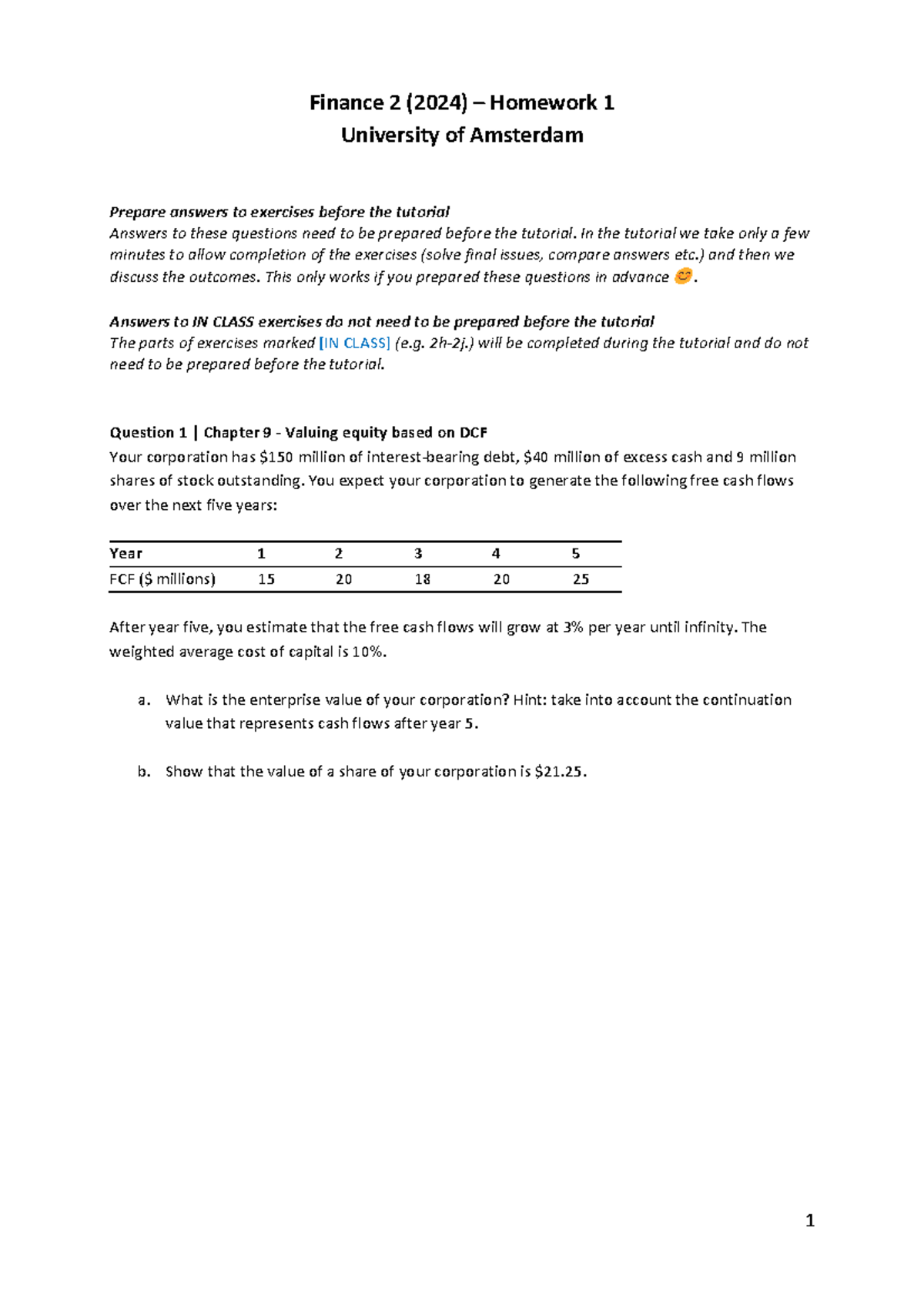 Finance 2 (2024) - Homework 1 Answers for Tutorial Preparation ...