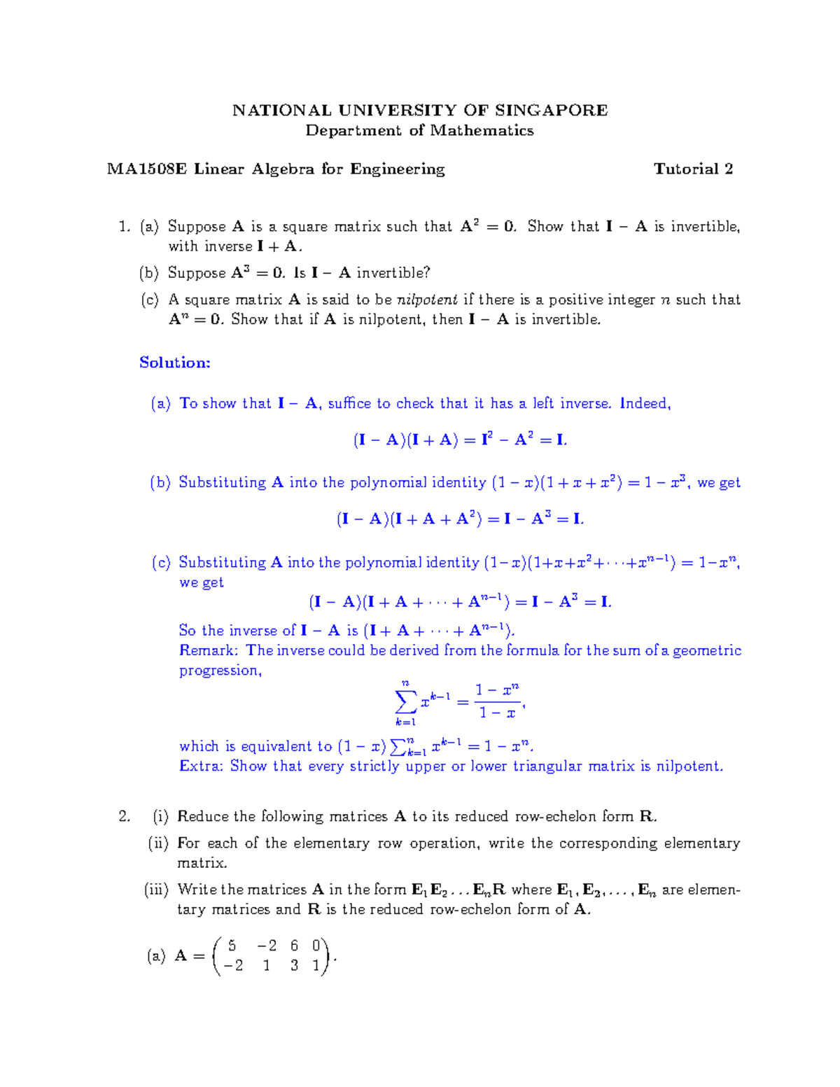 MA1508E Linear Algebra for Engineering Tutorial 2 Solutions and ...