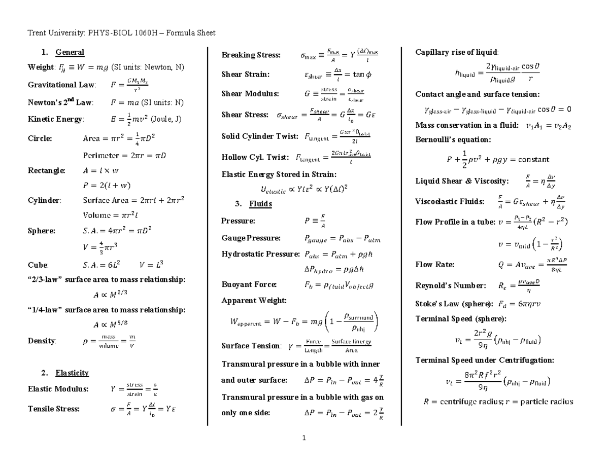 PHYS-BIOL 1060H Formula Sheet: Essential Equations and Concepts - Studocu