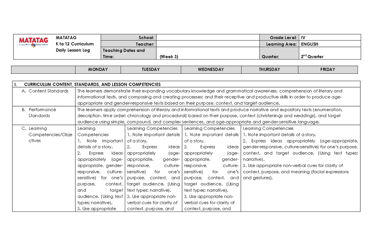MATATAG K to 12 Curriculum DLL: English Grade 4, Week 3 - Studocu