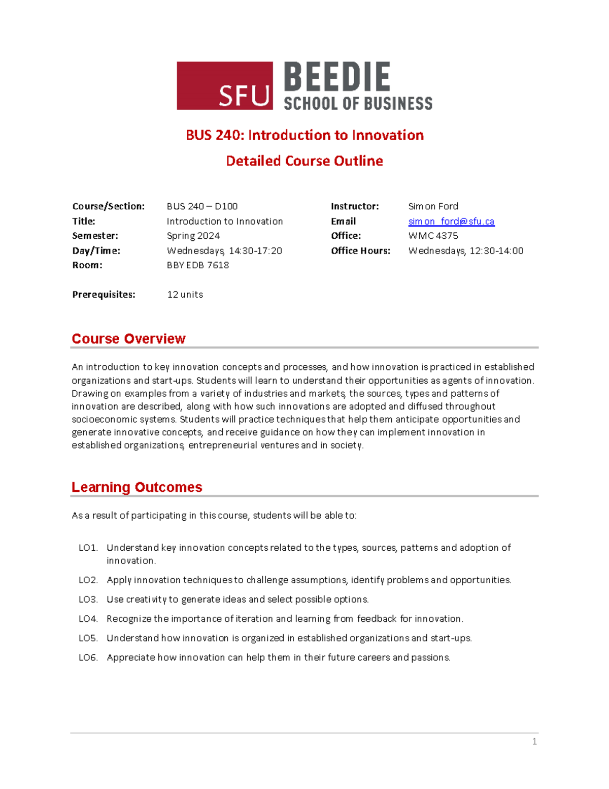 BUS 240 D100 - Introduction to Innovation - Comprehensive Course ...