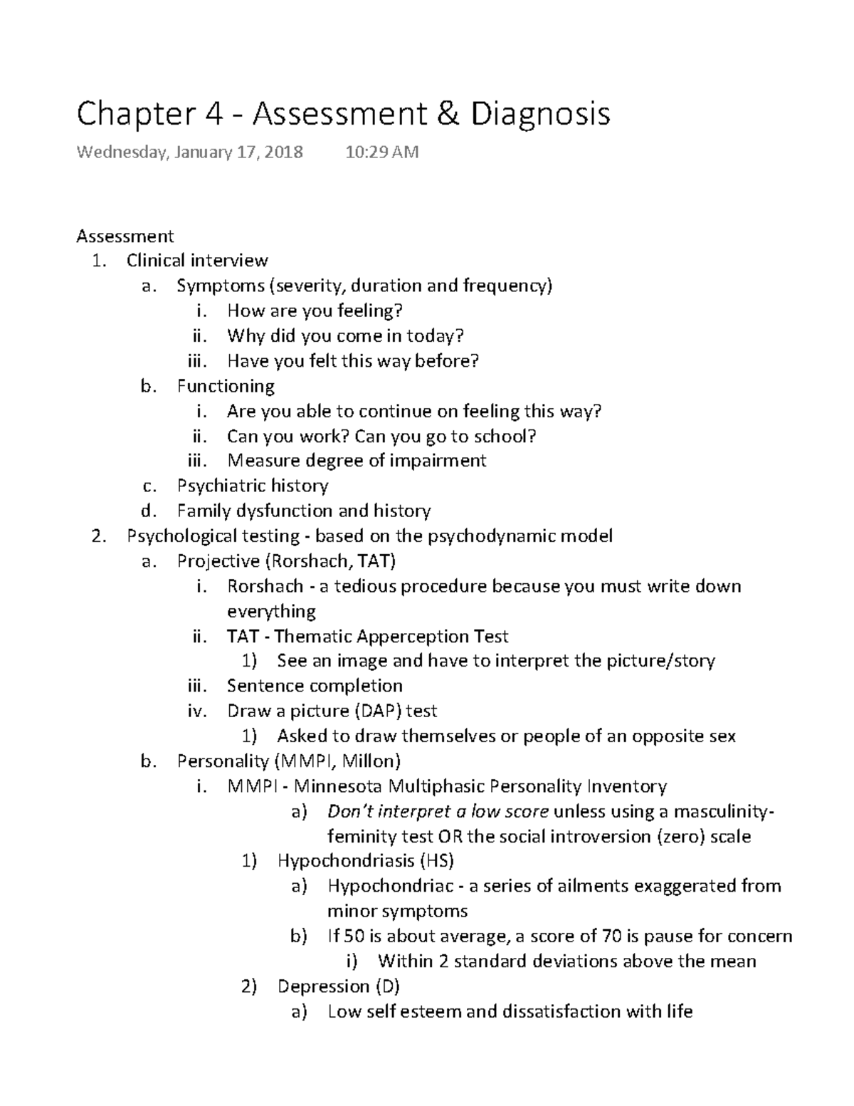 Chapter 4 - Assessment & Diagnosis - Clinical interview a. Symptoms ...