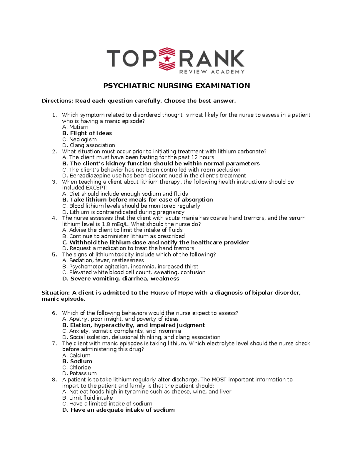 PSY 101: Psychiatric Nursing Final Exam Review Questions - Studocu