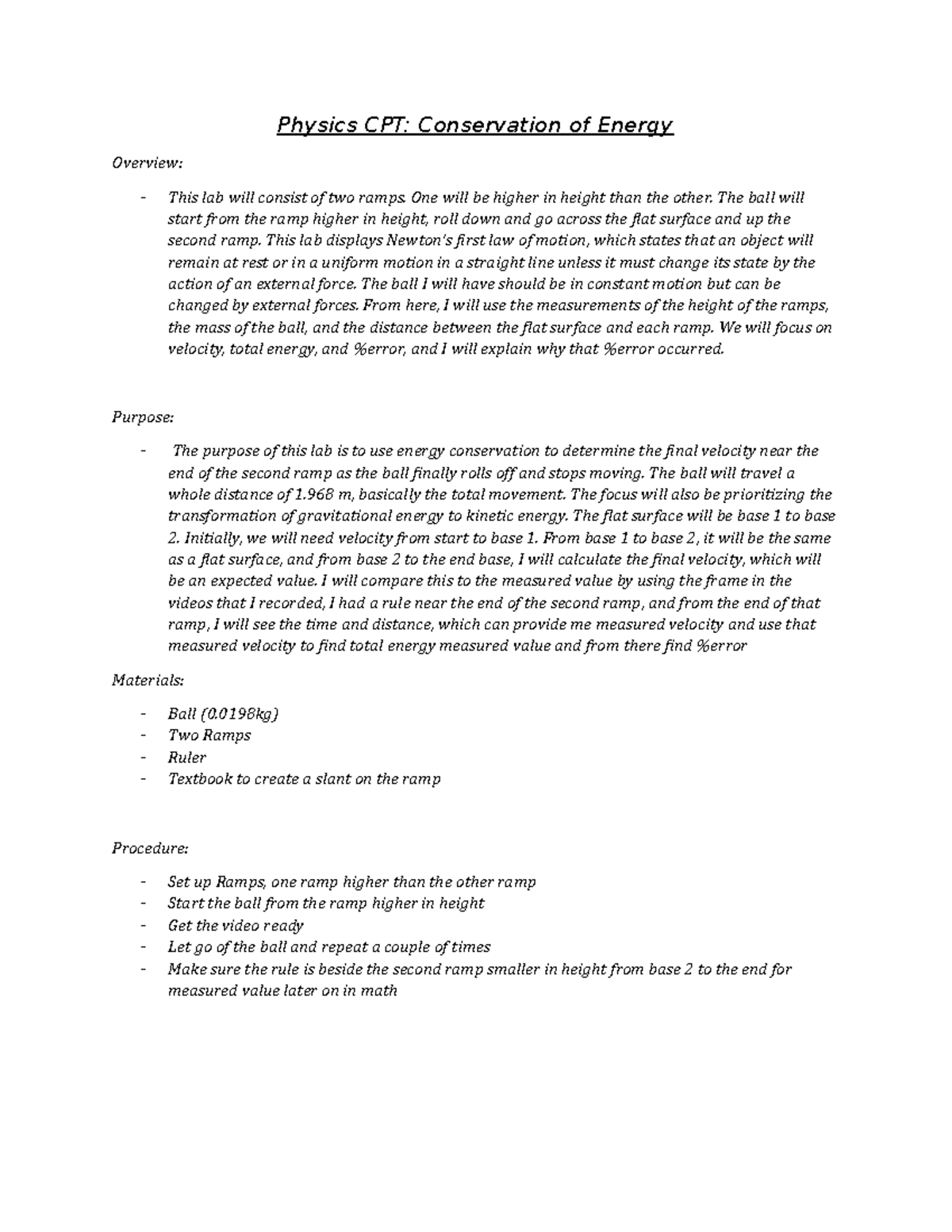 Physics CPT: Lab Report on Conservation of Energy Experiment - Studocu