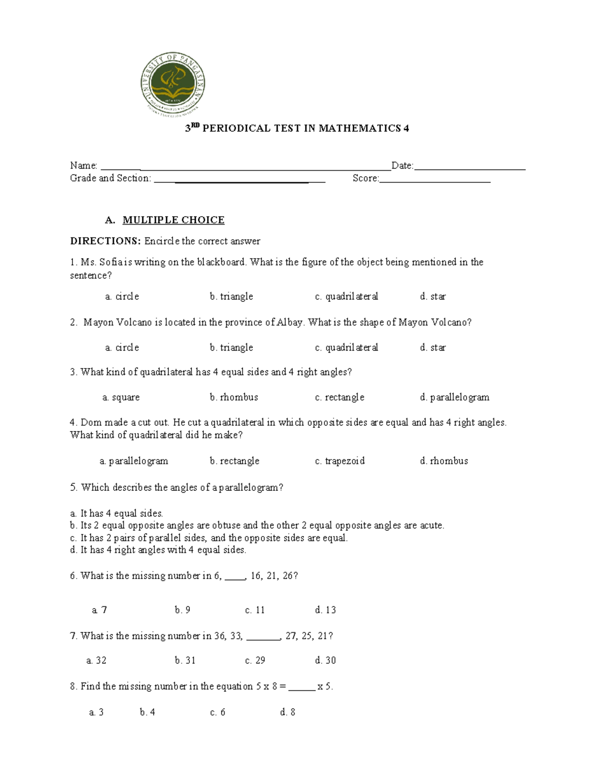 Teacher MADE TEST - n/a - 3 RD PERIODICAL TEST IN MATHEMATICS 4 Name ...