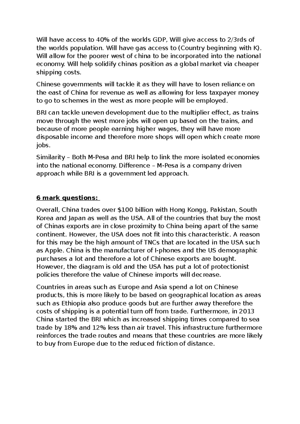 China's BRI and Global Trade Dynamics: 6 Mark Analysis - Studocu