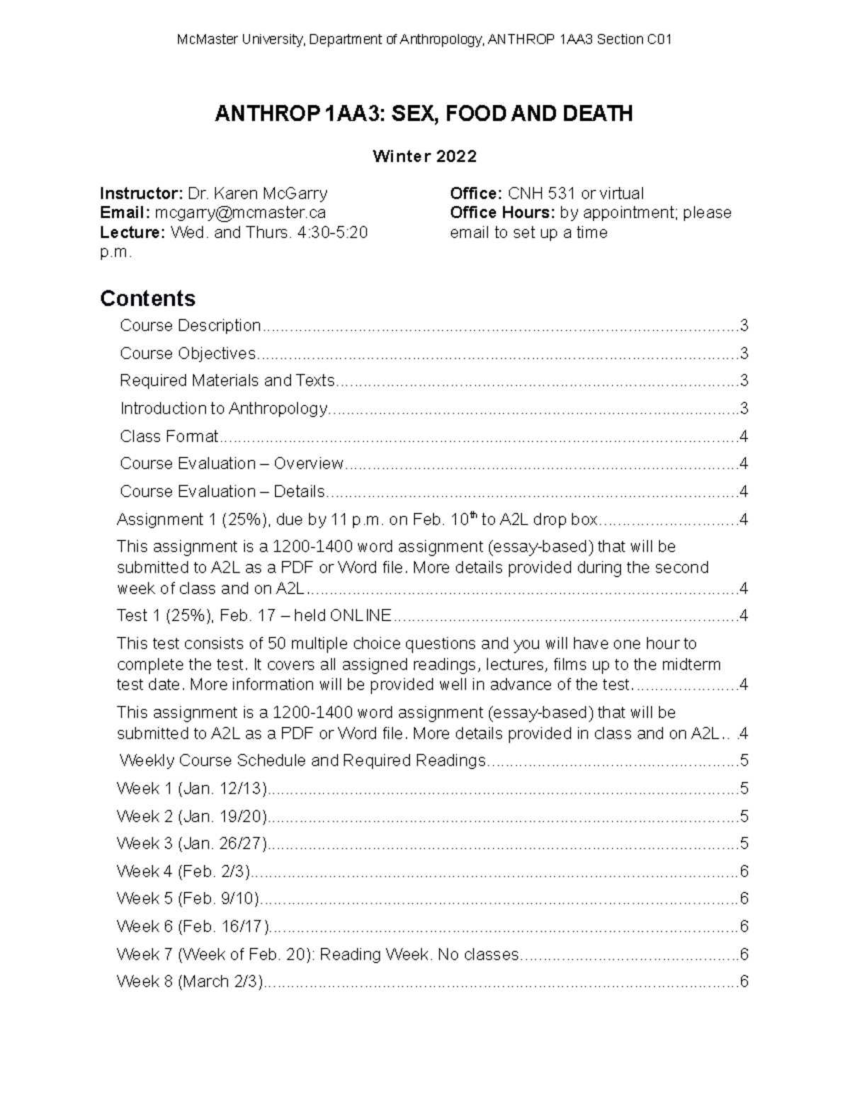 1AA3 syllabus winter 2022-1-1 - ANTHROP 1AA3: SEX, FOOD AND DEATH ...