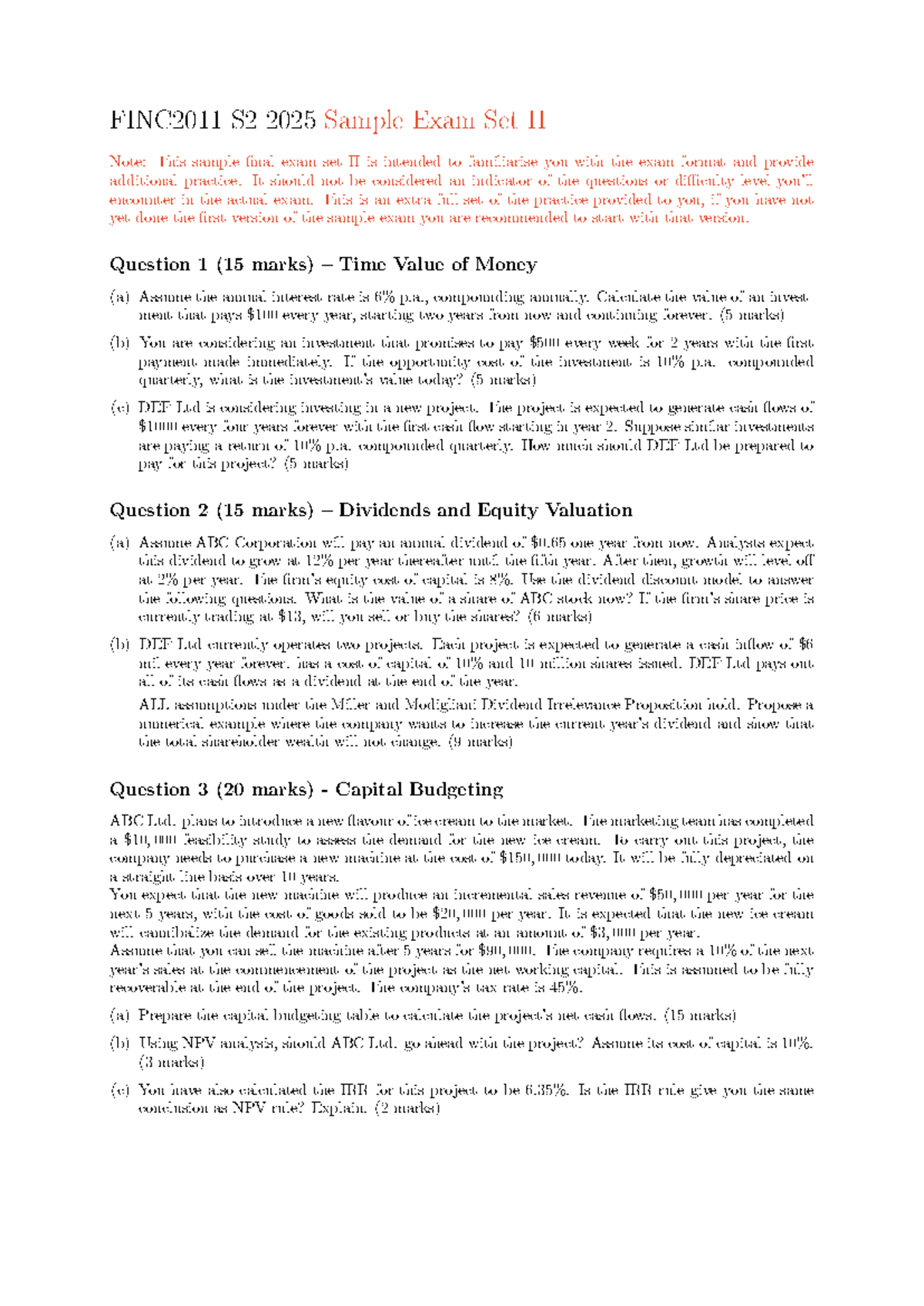 FINC2011 Sample Final Exam Set II S2 2025 - Studocu