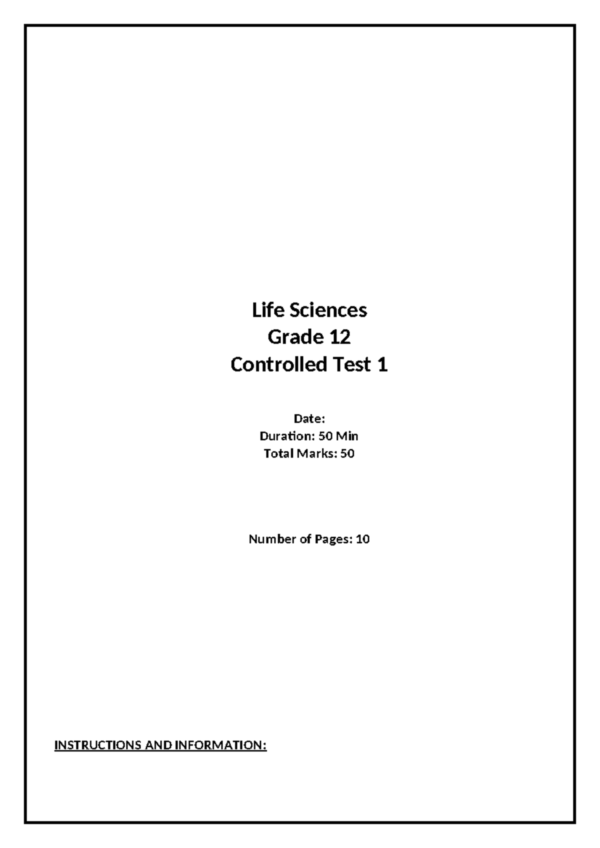 Life Sciences Grade 12 CT1 Study Guide and Practice Test - Studocu