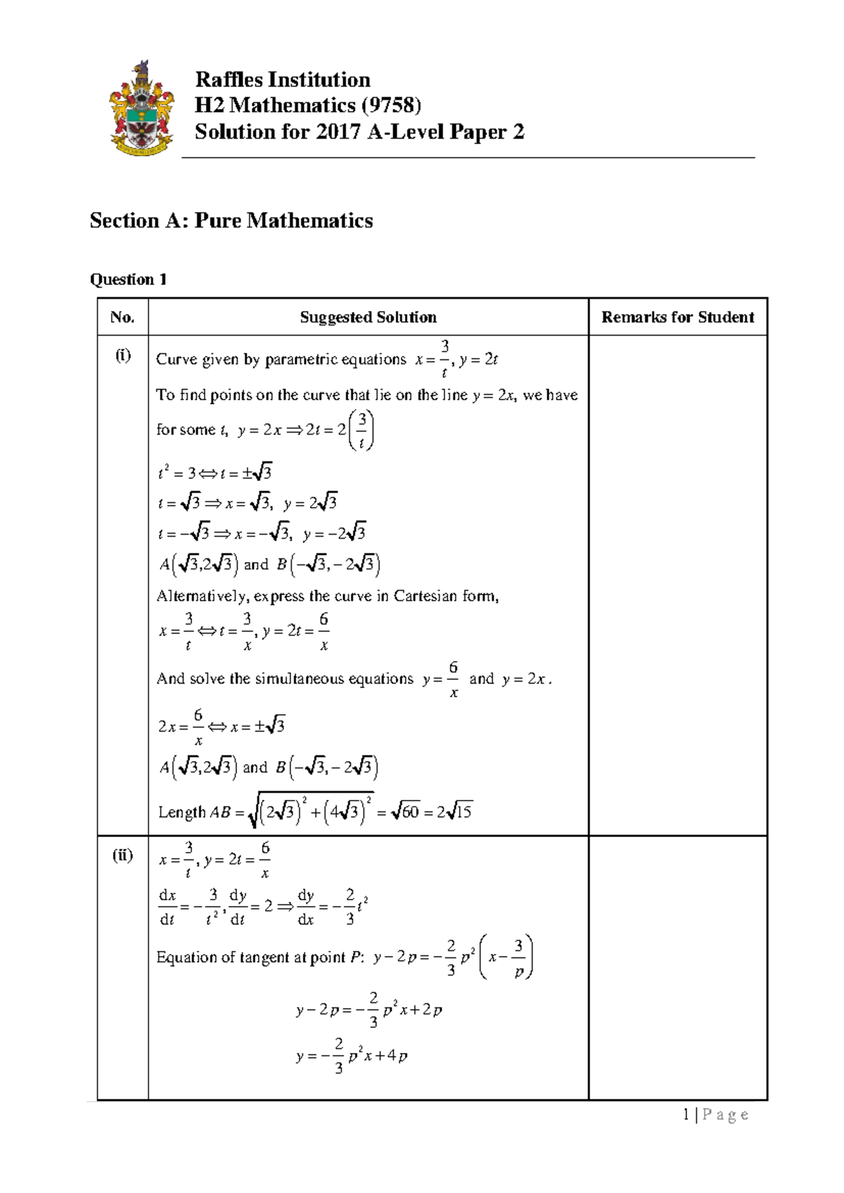 2017 H2 Math A-Level Paper 2 Solutions and Explanations - Studocu
