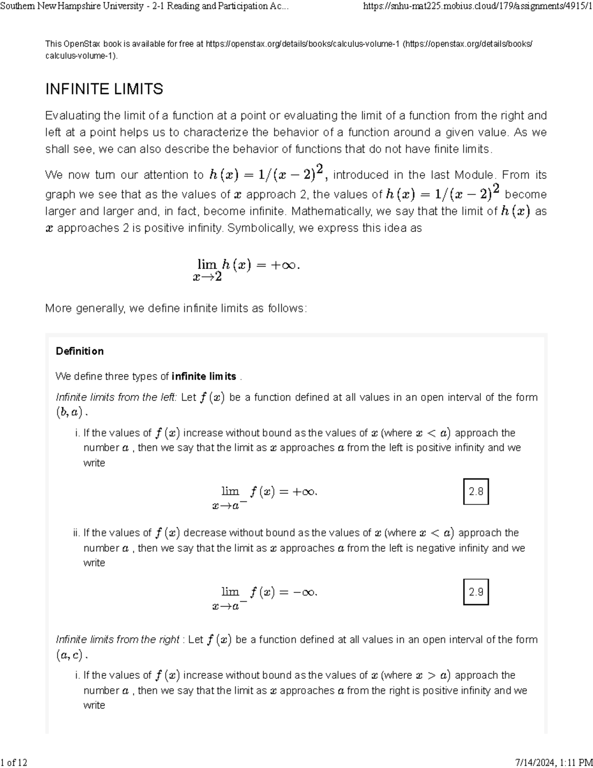 Module 2: Infinite Limits Participation Assignment - Studocu