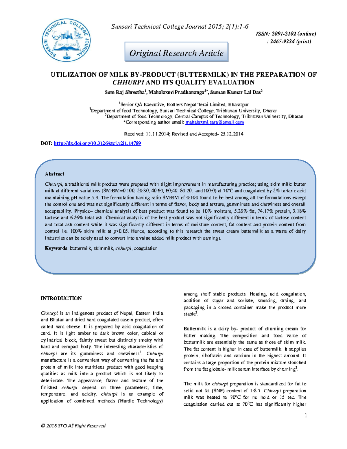 Utilization of Buttermilk in Chhurpi Preparation: Quality Evaluation ...