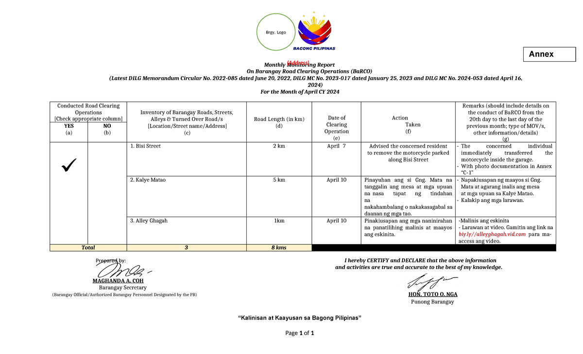 Barco Form C Editable - Brgy. Logo Monthly Monitoring Report On ...