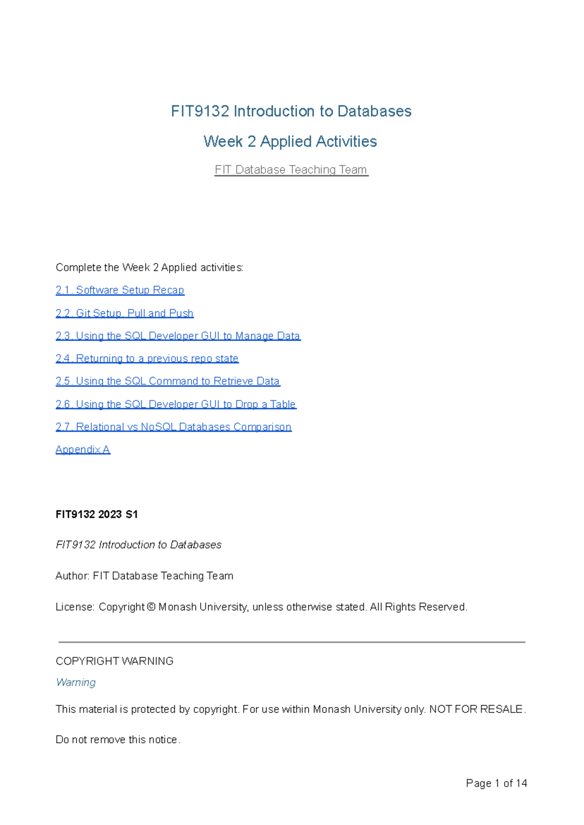 FIT9132 Week 2 Applied Activities: SQL Developer and Git Overview - Studocu