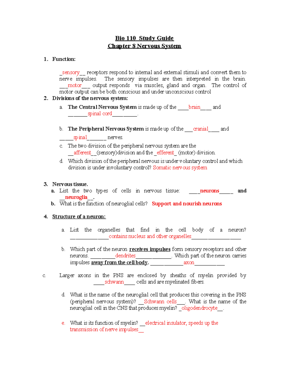 Biology 110 Final Exam Study Guide: Nervous System Overview - Studocu