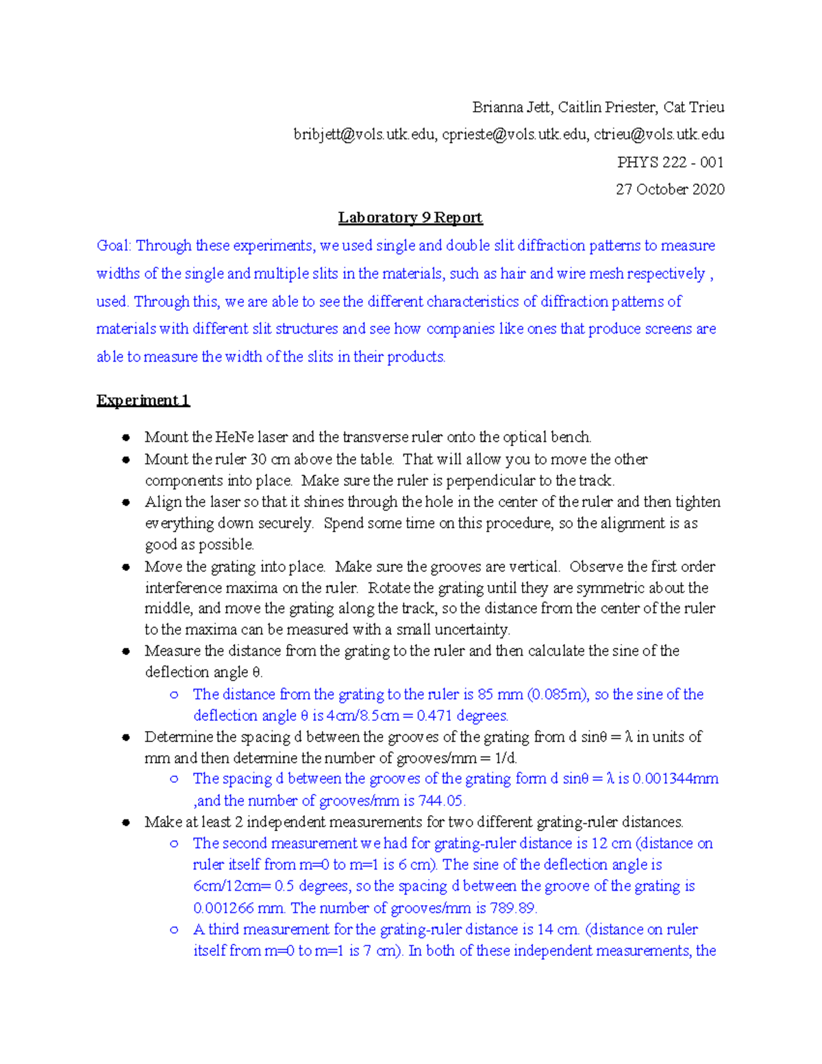 Laboratory Report 9 for PHYS 222: Measuring Diffraction Patterns - Studocu