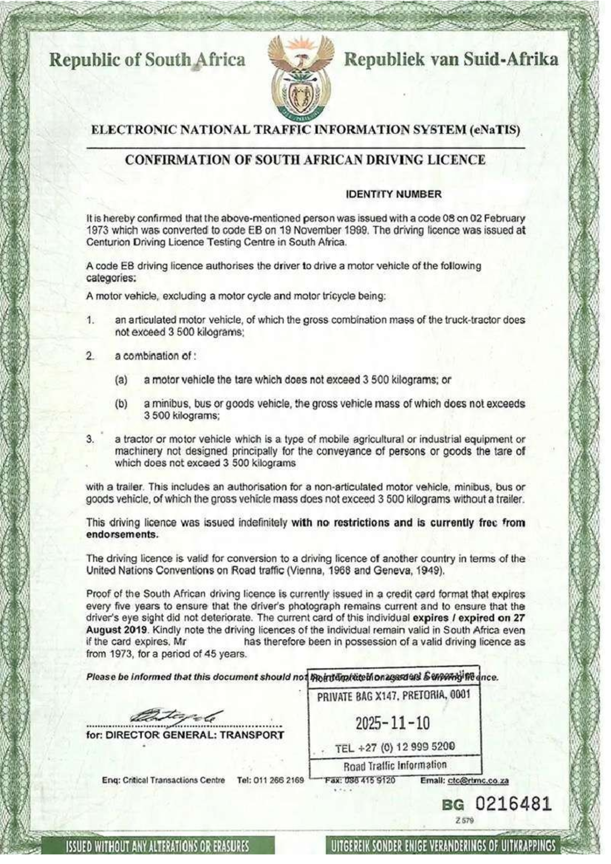 eNaTlS Confirmation of South African Driving Licence (Code EB) - Studocu