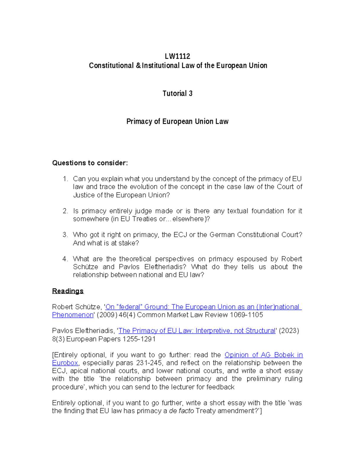 EU Law Tutorial 3: Primacy of EU Law Explained and Analyzed - Studocu