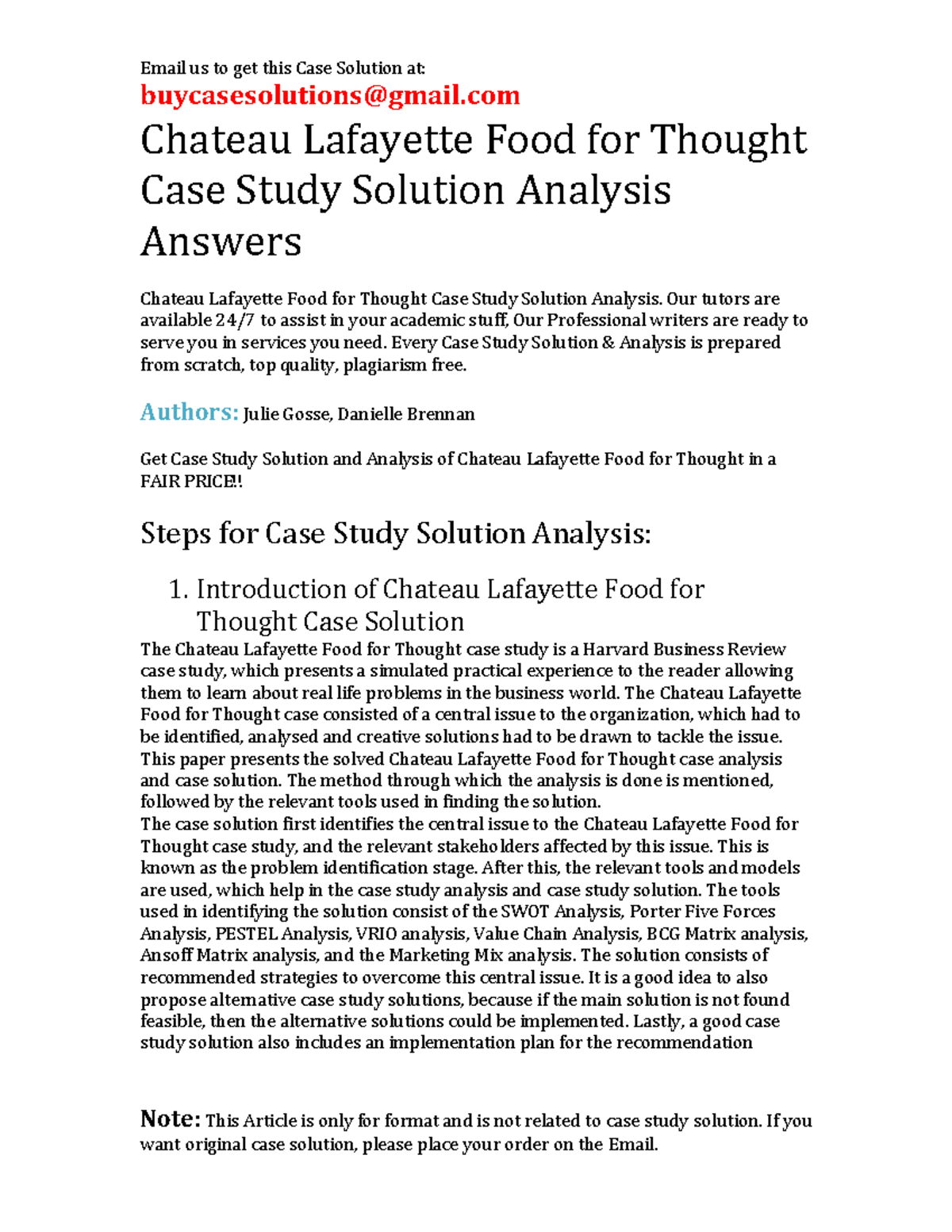 Case Solution Chateau Lafayette Food for Thought - buycasesolutions ...