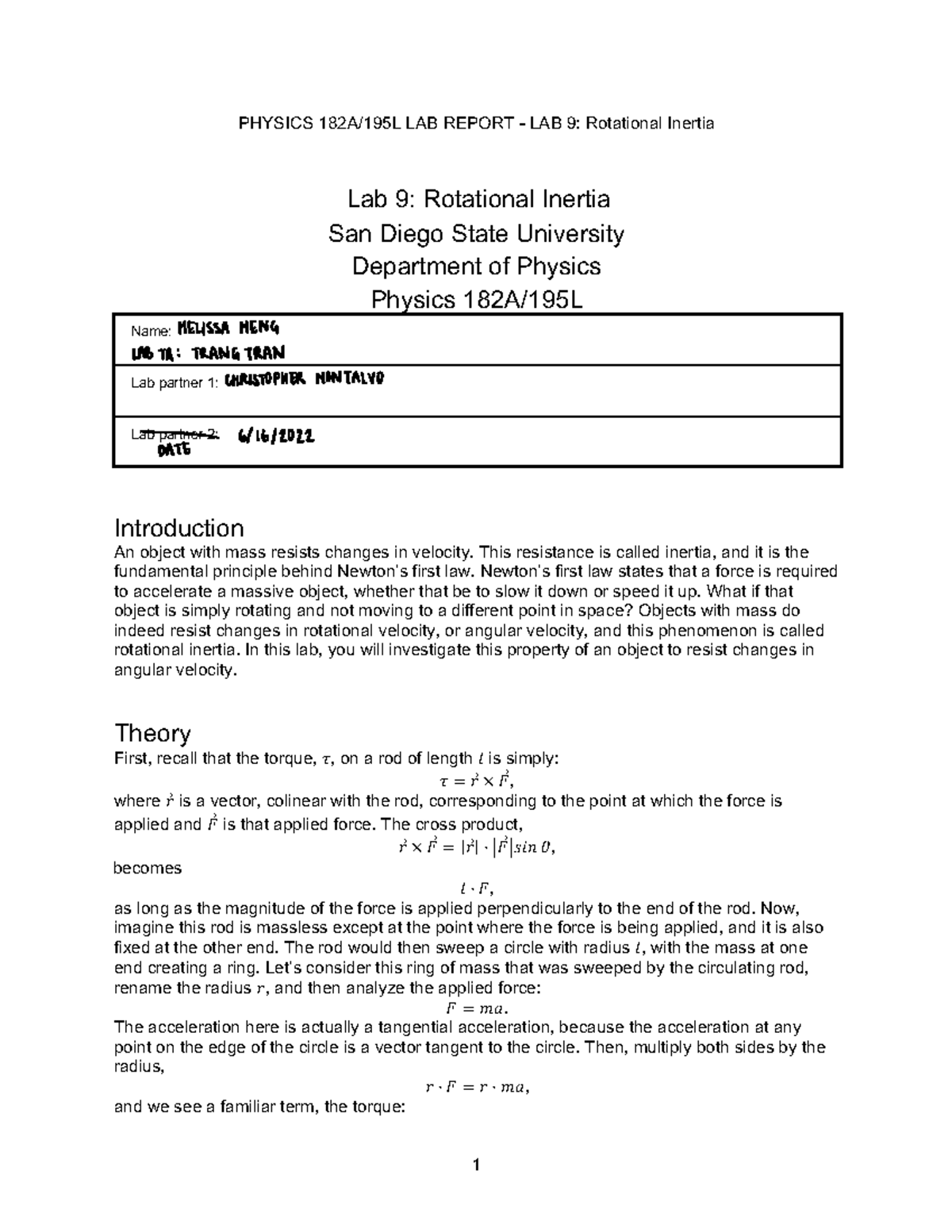 PHYSICS 182A/195L - Lab Report 9: Exploring Rotational Inertia - Studocu