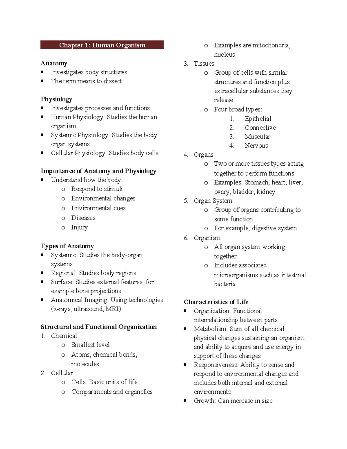 Chapter 1: Anatomy and Physiology Overview (BIO101) - Studocu