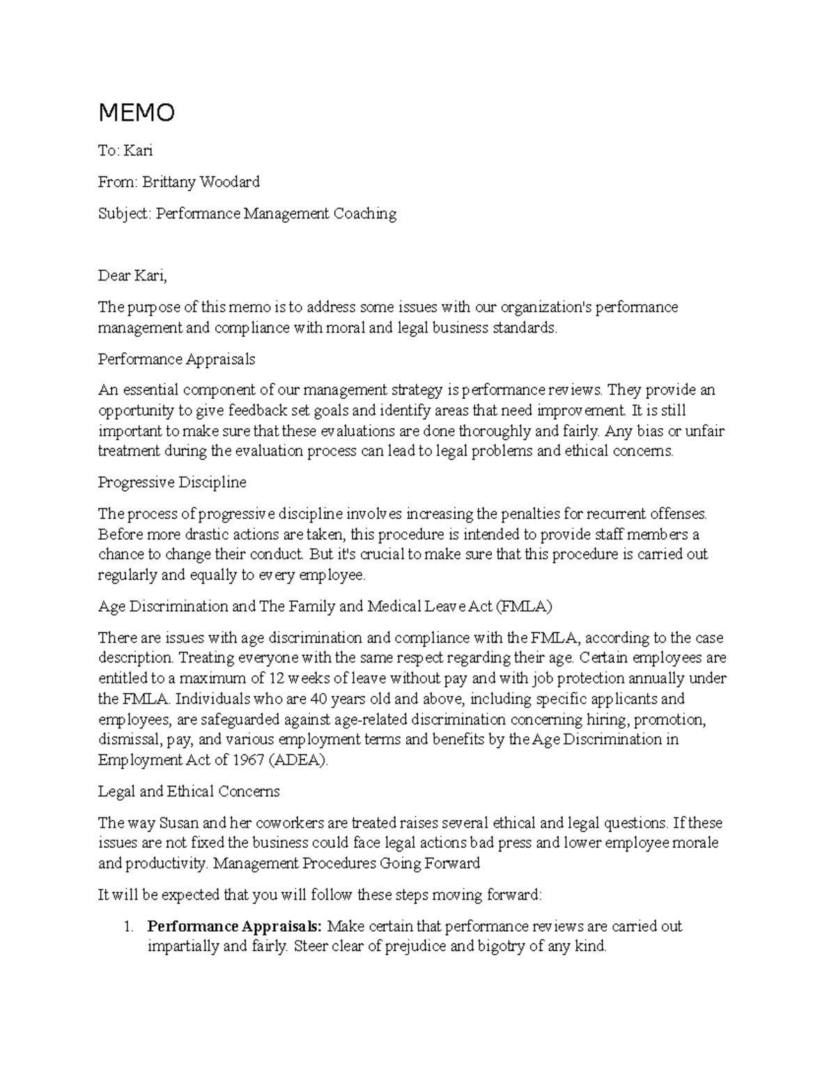 Performance Management Coaching Memo: Legal & Ethical Considerations ...