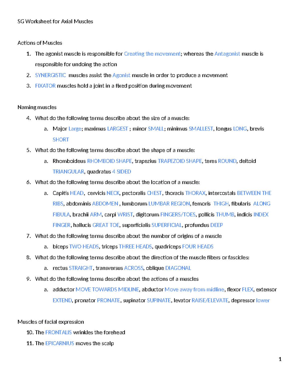 SG Axial Muscles: Actions, Names & Functions Worksheet - Studocu