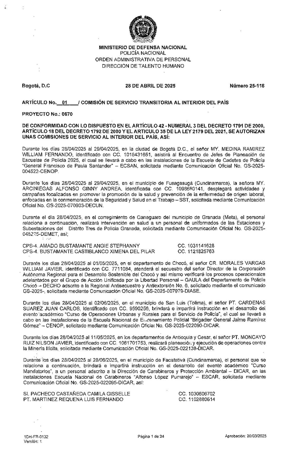OAP 25-118: Orden Administrativa de Personal - Comisiones de Servicio ...
