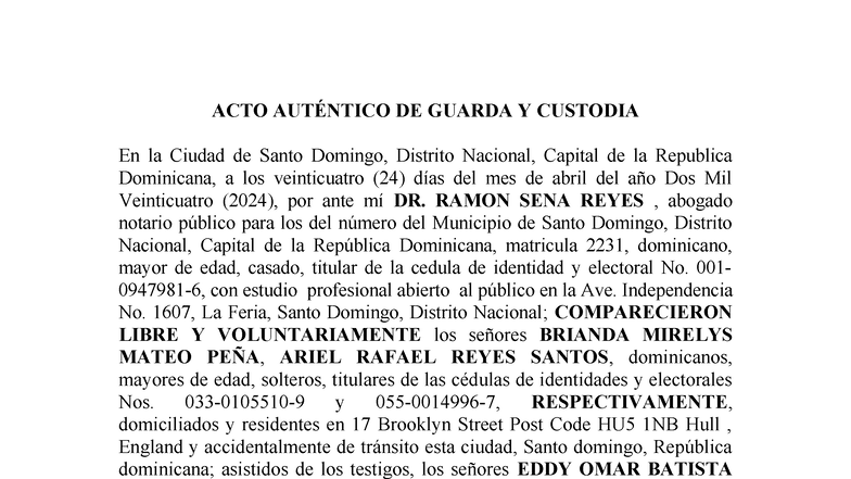 ACTO AUTÉNTICO DE GUARDA Y CUSTODIA - Santo Domingo 2024 - Studocu
