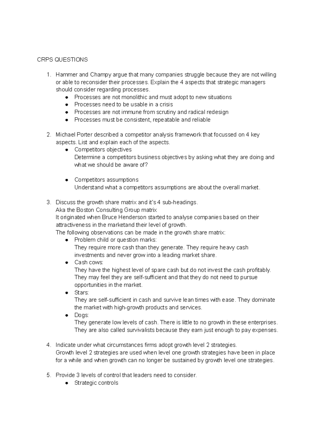 CRPS Strategic Management Questions and Analysis Guide - Studocu