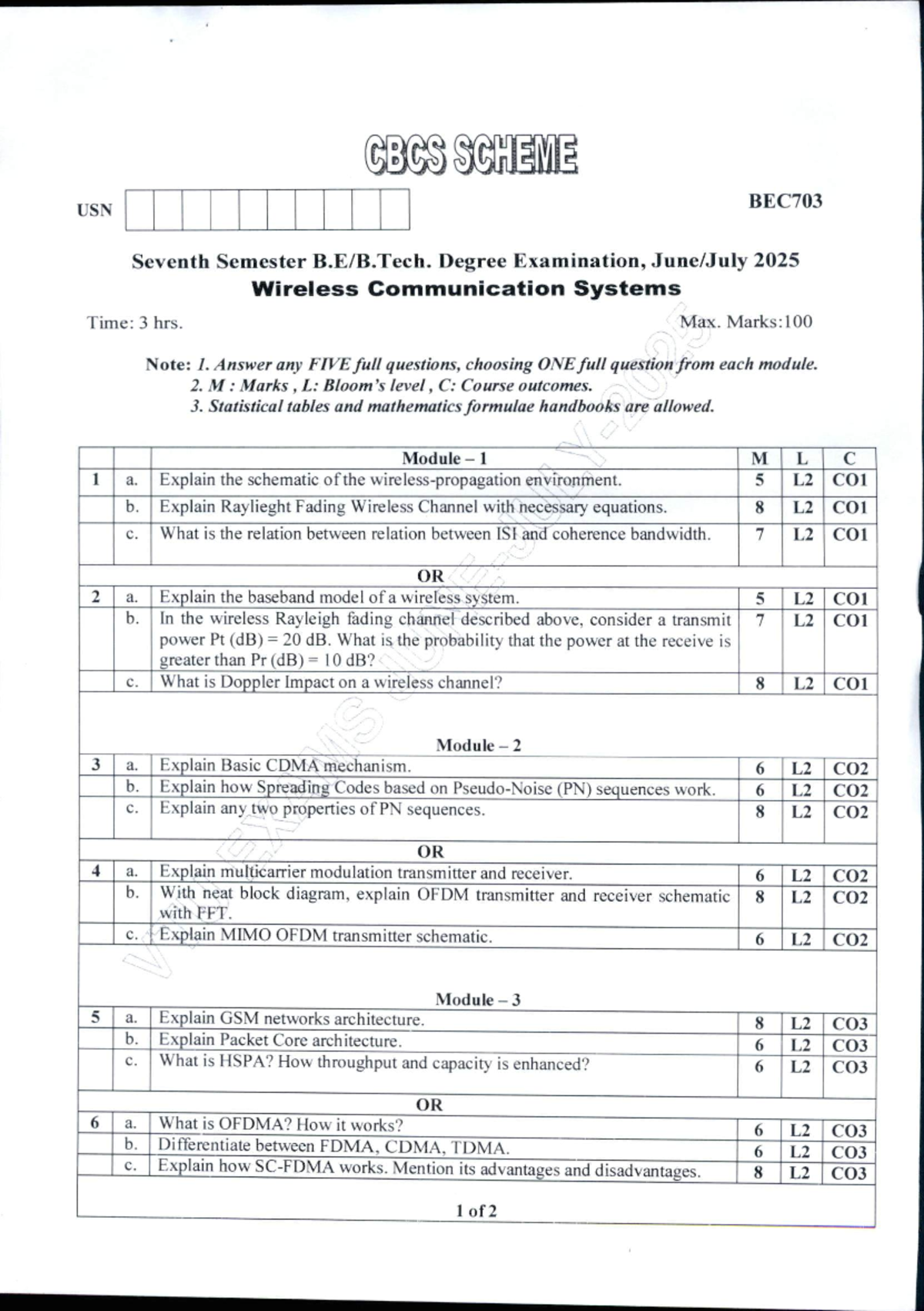 SCH BEC703 - Wireless Communication Systems Exam Notes - Studocu