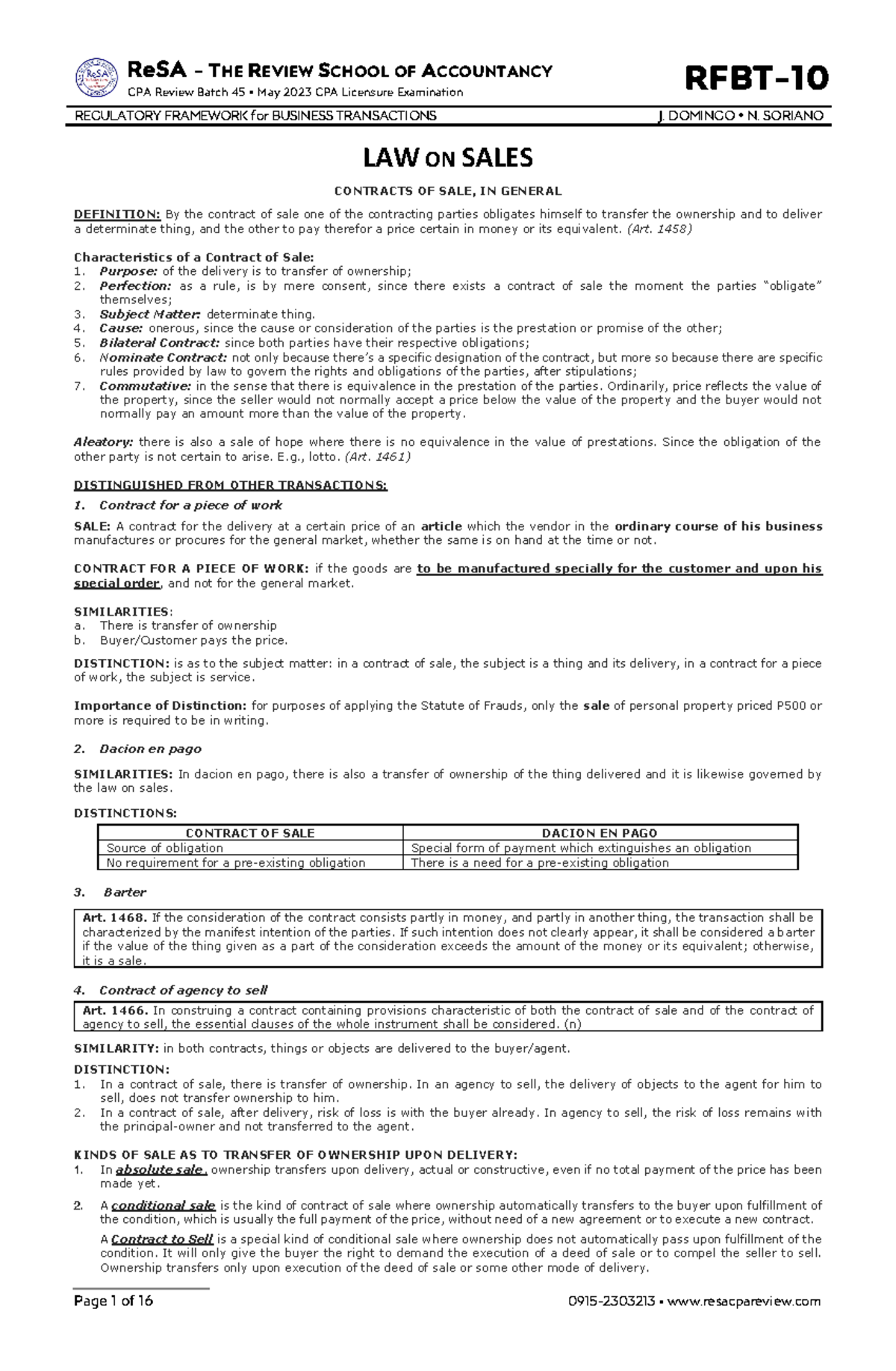 RFBT-10: Law on Sales - Essentials and Distinctions in Contracts - Studocu